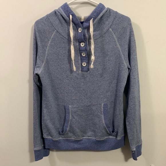 Jo & Co Jeans Hooded Sweatshirt Sz XL. 4 buttons hood drawstring, blue & white - Picture 1 of 4